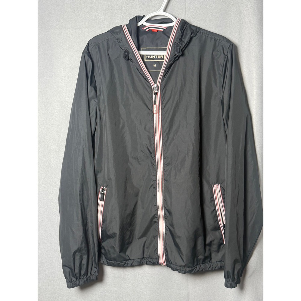 Hunter Mens Hooded Windbreaker Jacket Grey Full Zip Striped Trim Size M